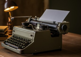 Fototapeta premium Vintage typewriter on wooden desk with lamp