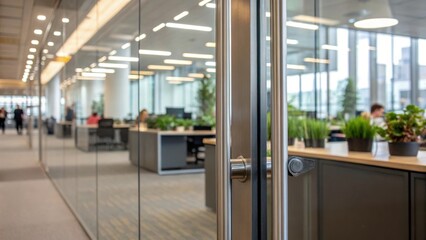 Closeup of the reflection of a bright office scene on the surface of a justinstalled transparent partition illustrating its ability to create a sense of openness while providing