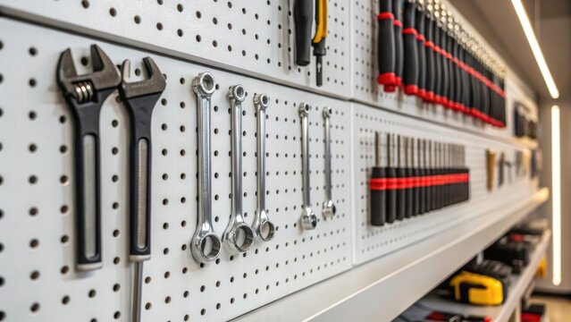 Closeup of hand tools arranged on a newly installed pegboard emphasizing the sleek layout and spaceefficient design that enhances visibility.