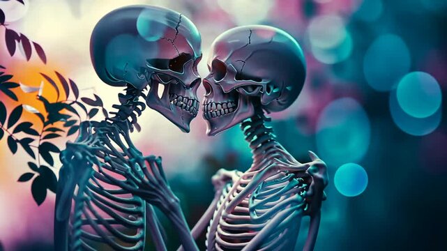 kissing of two love couple skeleton romantic atmosphere with pink blue bokeh light, forever love theme , Death cannot make us apart
