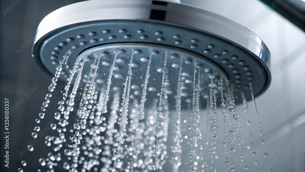 Fototapete closeup of water droplets cascading from a digital showerhead with a focus on the smooth even flow a