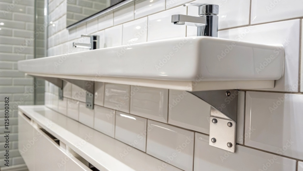 Aufkleber Closeup on the installation details of a floating vanity showing wallmounted brackets blending into the tiled wall emphasizing the clean uncluttered look.