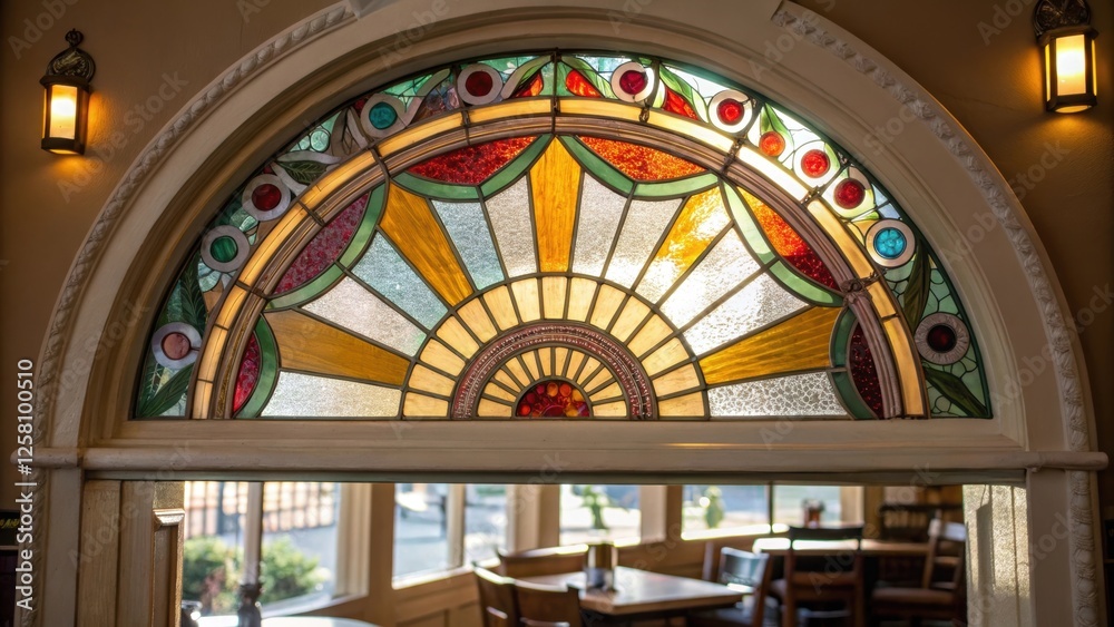 Poster detailed closeup of a glass arch featuring a fused glass design reflecting colorful hues positioned 