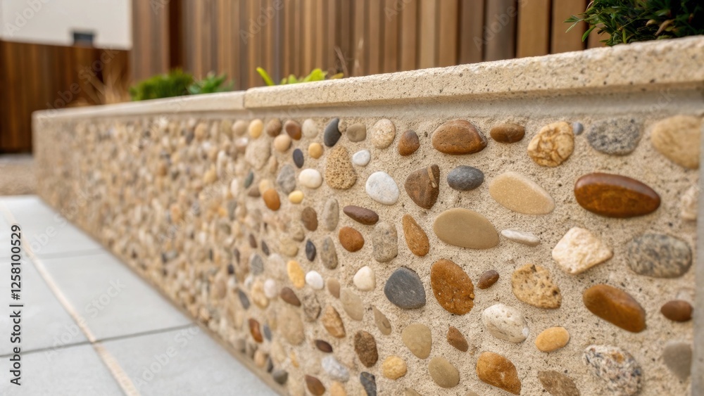 Poster Detailed image of a decorative concrete wall featuring embedded pebbles and small stones creating a mosaic effect that adds natural charm and visual interest.