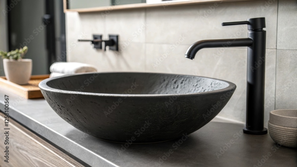 Poster detailed textures of a matte basin and a minimalist faucet emerge in a closeup creating a serene mon