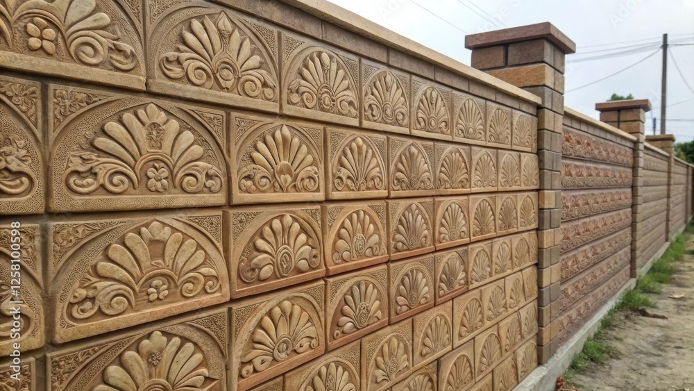 Poster detailed image of a stamped concrete wall displaying ornate patterns resembling traditional brickwor