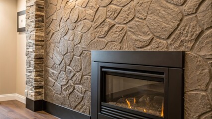 Closeup shot of the textured wall behind the fireplace emphasizing the contrast between the rugged surface and the modern design of the fireplace.
