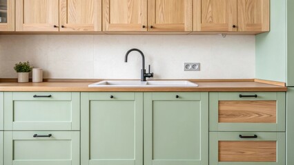 Detailed shot of a kitchen sink area with light wood bottom cabinets complemented by pastel green upper cabinets featuring a minimalist faucet design.