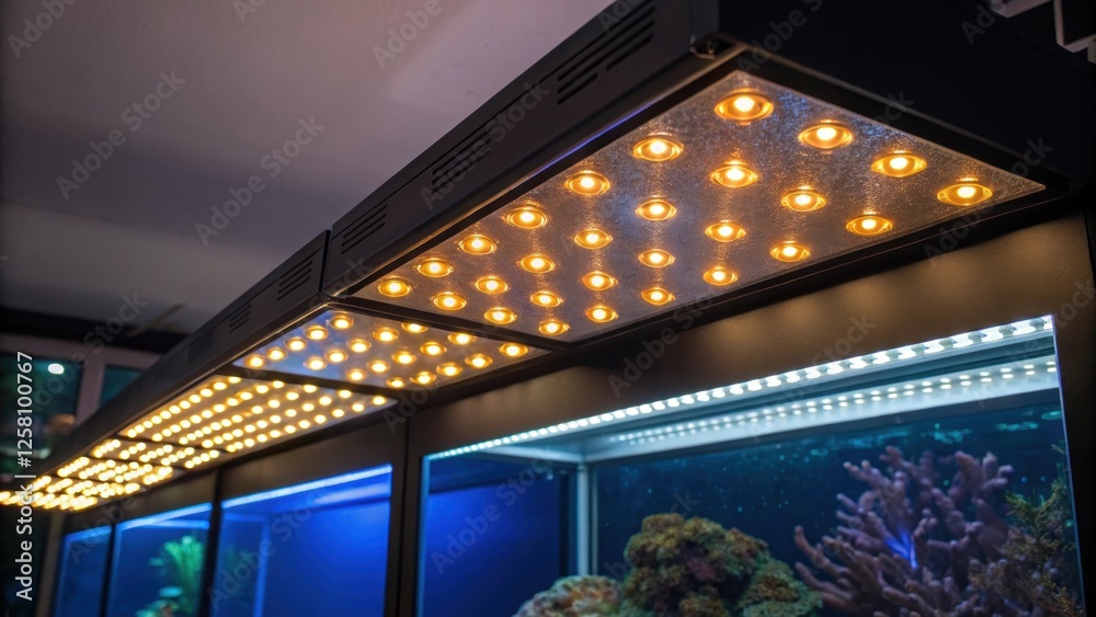 Poster lighting installation a medium closeup of led lights being installed above the aquarium walls focusi