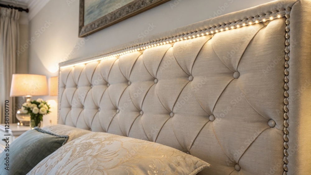 Poster intimate details of an upholstered headboard with integrated led reading lights highlighting the sof