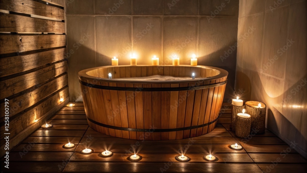 Poster medium closeup capturing the ambient atmosphere created by candlelight around the wooden soaking tub