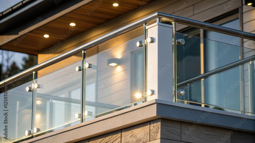 Poster medium closeup of a balcony corner showcasing a modern glass railing where the sunlight highlights t