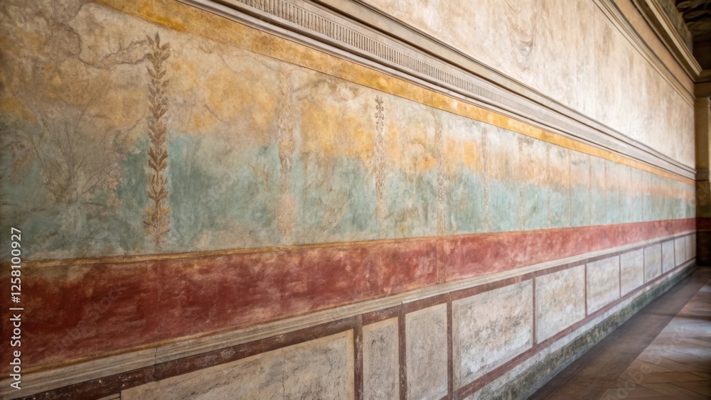 Poster medium closeup displaying a wall with an antiqued finish incorporating layers of muted colors and su