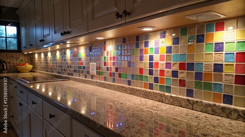 Aufkleber Medium closeup of a backsplash featuring colorful mosaic tiles with LED lights enhancing the colors creating a dynamic and inviting kitchen environment.
