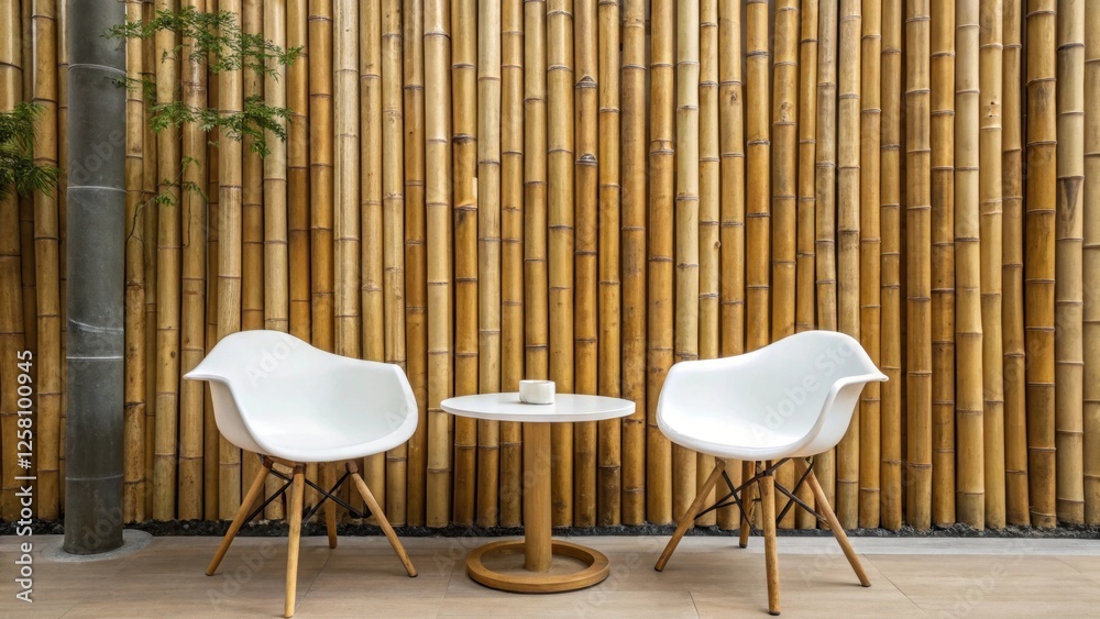 Poster medium closeup of a bamboo wall set against minimalist furniture visually connecting nature with mod