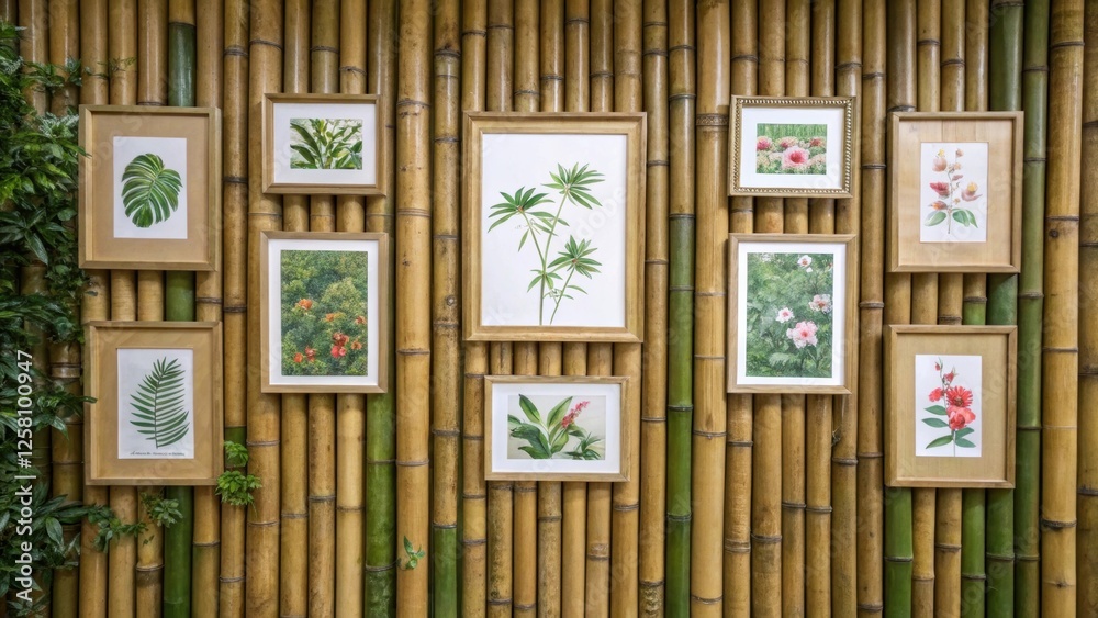 Poster medium closeup of a bamboo wall adorned with framed botanical art merging artistic expression with n