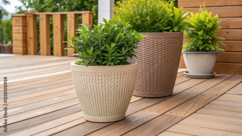 Poster medium closeup of a beautifully arranged potted plant displayed on the wooden decking with the pots 