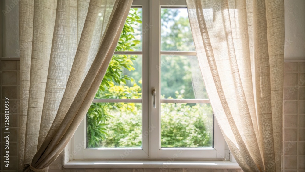 Poster medium closeup of a bathroom window softly filtered with linen curtains showcasing elements of natur