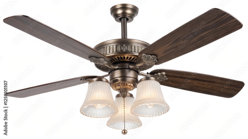 Poster Medium closeup of a ceiling fans unique blade design featuring a combination of transparent and matte materials catching ambient light and adding a touch of sophistication.