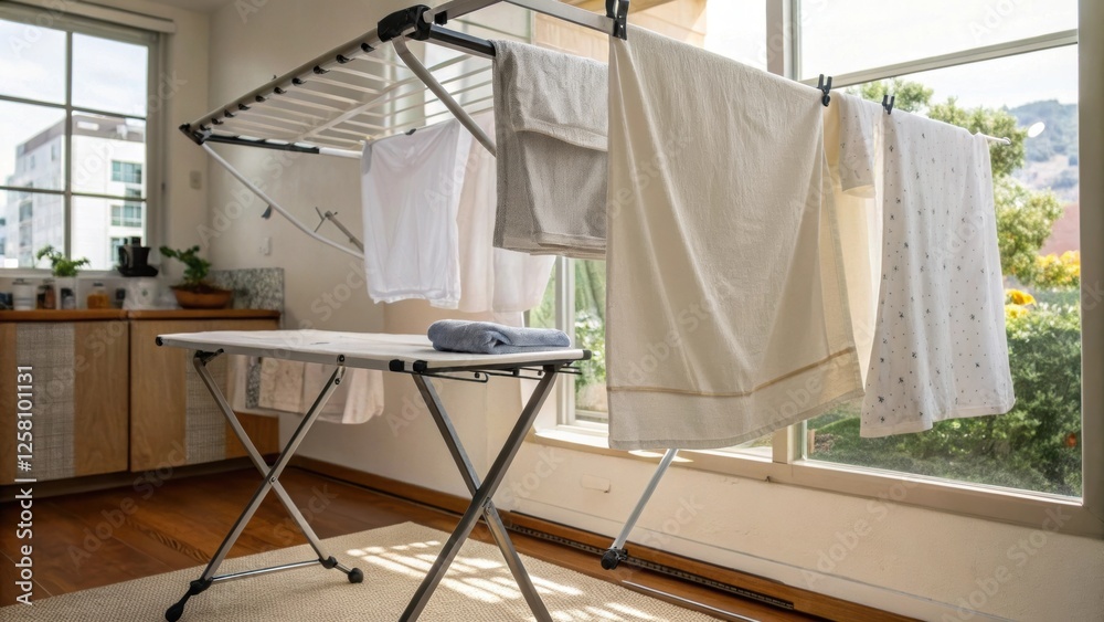 Poster Medium closeup of a ceiling drying rack conveniently positioned over a folding table with freshly washed linens hanging above highlighting the dualpurpose use of the space.