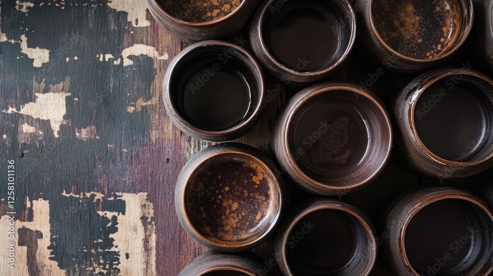 Poster circular jars filled with rich chocolate hues, blending seamlessly with artistic splashes and textur