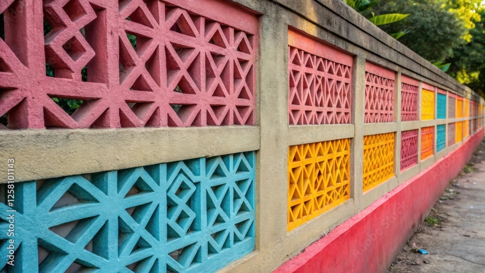 Poster Medium closeup of a concrete wall with intricate lattice patterns filled with vibrant color wash providing a striking contrast and enhancing the decorative element.