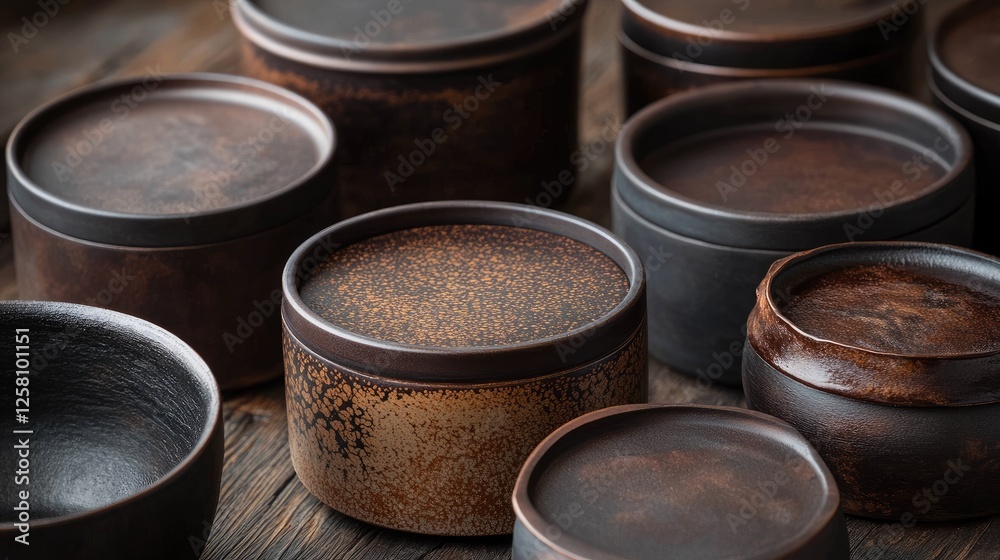 Poster circular jars filled with rich chocolate hues, blending seamlessly with artistic splashes and textur