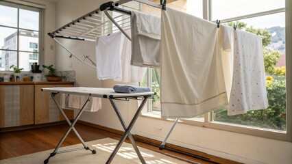 Medium closeup of a ceiling drying rack conveniently positioned over a folding table with freshly washed linens hanging above highlighting the dualpurpose use of the space.