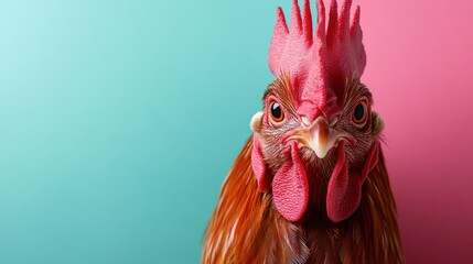 This stunning close-up showcases a chicken with captivating details, set against a vivid background, highlighting the intricate textures and vibrant colors present.