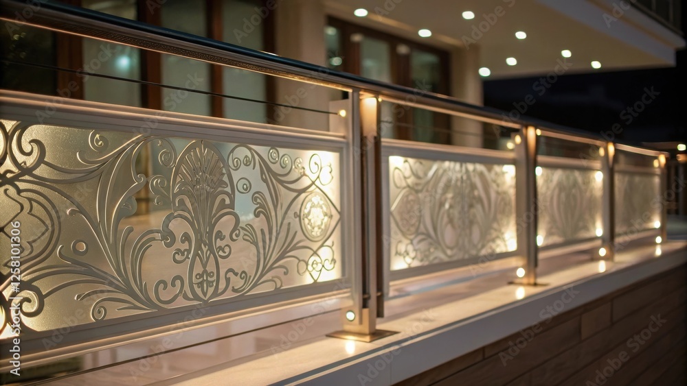 Poster medium closeup of a decorative glass railing segment where the builtin lighting softly illuminates d