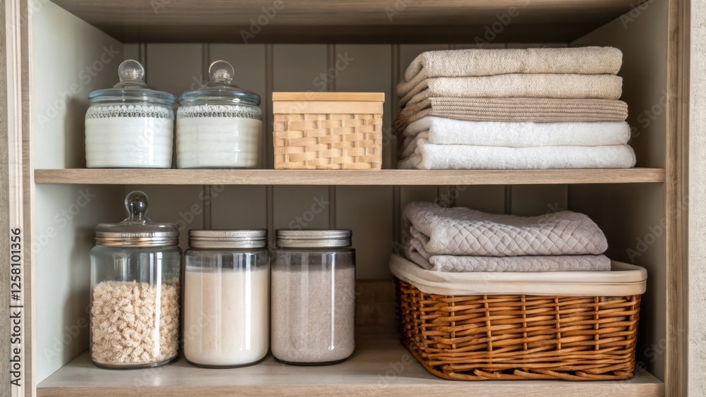 Aufkleber medium closeup of a cozy nook filled with open shelves displaying decorative jars filled with laundr