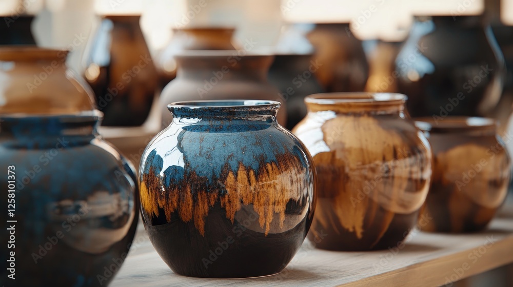 Poster circular jars filled with rich chocolate hues, blending seamlessly with artistic splashes and textur