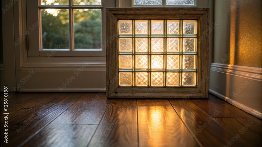 Poster Medium closeup of a glass block window showcasing how the light filters in casting a warm glow on the wooden floor enhancing the cozy feel of the room.