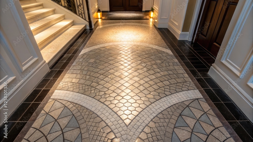 Poster Medium closeup of a finished foyer featuring a gradient tile pattern that transitions from dark to light with subtle lighting accentuating the design.