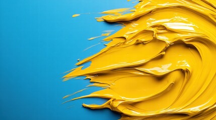 A lively swirl of bright yellow paint spread across a vibrant teal surface, capturing a sense of...