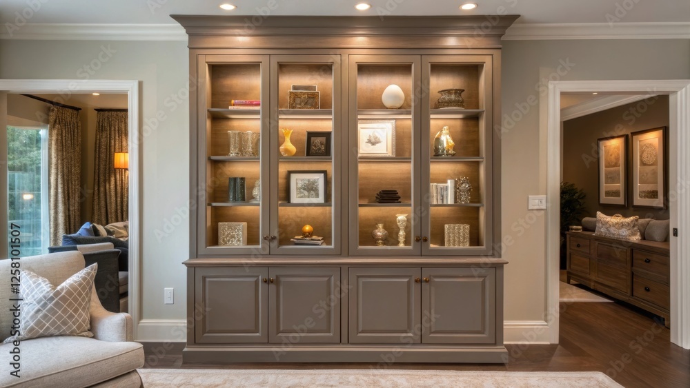 Poster Medium closeup of a living area featuring a custommade bookshelf that matches the rooms color scheme with glass doors displaying collectibles and knickknacks providing a