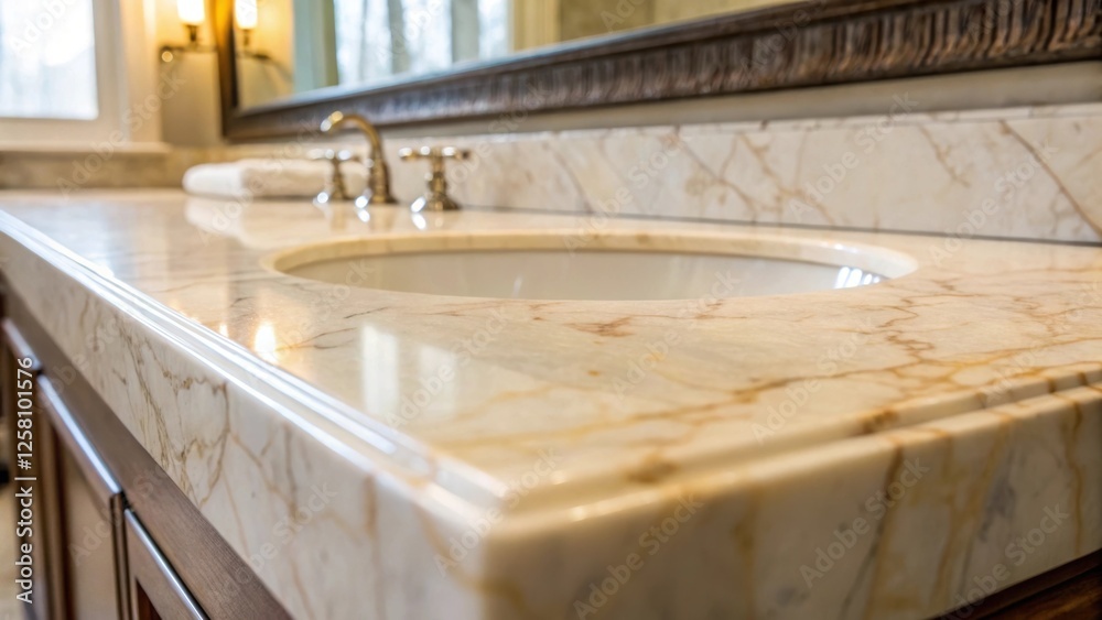 Poster medium closeup of a marble countertop in a bathroom setting with soft lighting illuminating the natu
