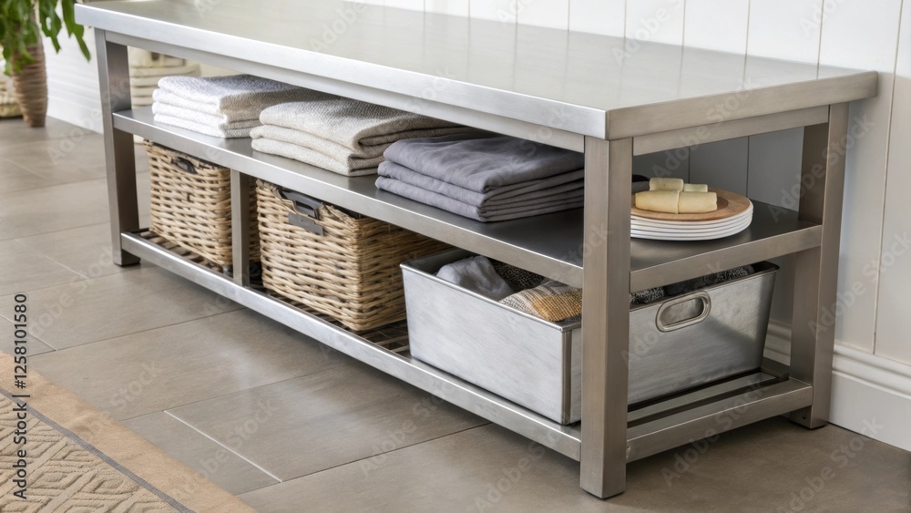 Poster medium closeup of a minimalist metal storage unit integrated beneath a sleek dining bench featuring 