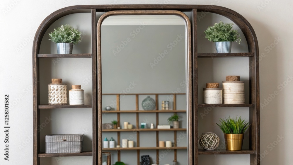 Aufkleber Medium closeup of a mirror with integrated shelves reflecting decorative items and ries adding depth and functionality in a confined space.