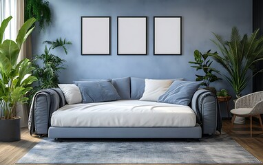 Modern blue sofa in living room with plants, mockups