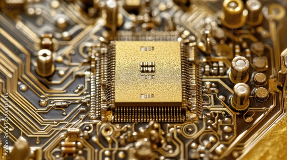 Poster close-up of a gold microchip on a circuit board, highlighting intricate electronic connections and c