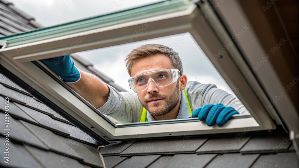 Poster medium closeup of an installer wearing safety goggles and gloves carefully aligning the skylight wit
