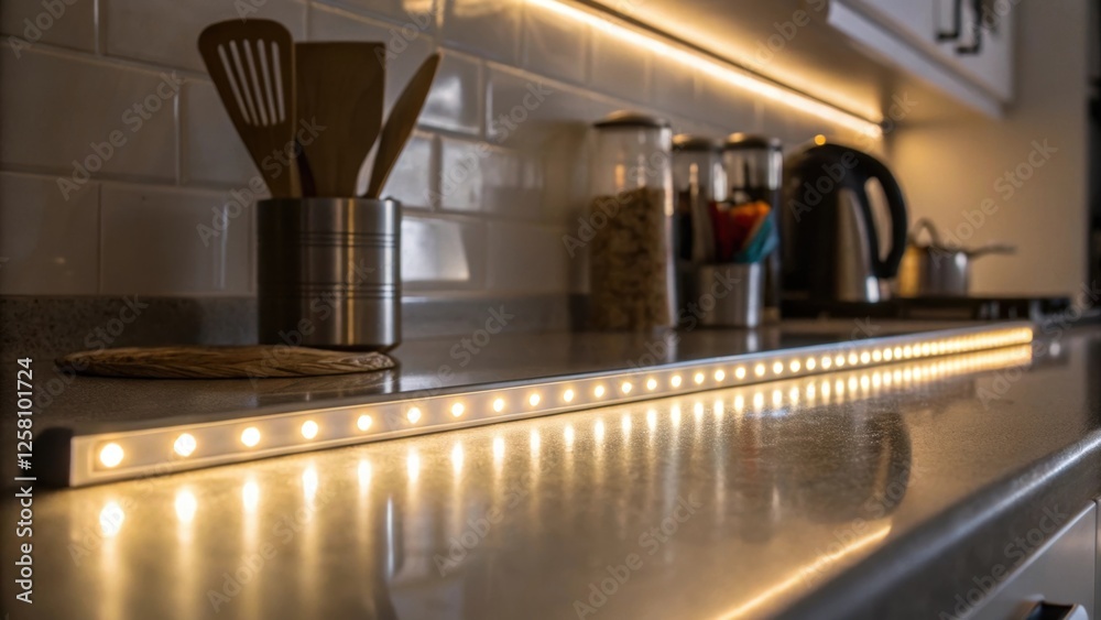 Poster medium closeup of an illuminated strip light showcasing a soft glow reflecting off polished countert