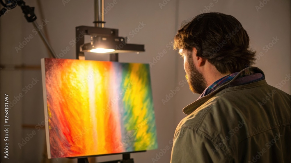 Poster medium closeup of a painter evaluating the warm white light from newly installed track lighting illu