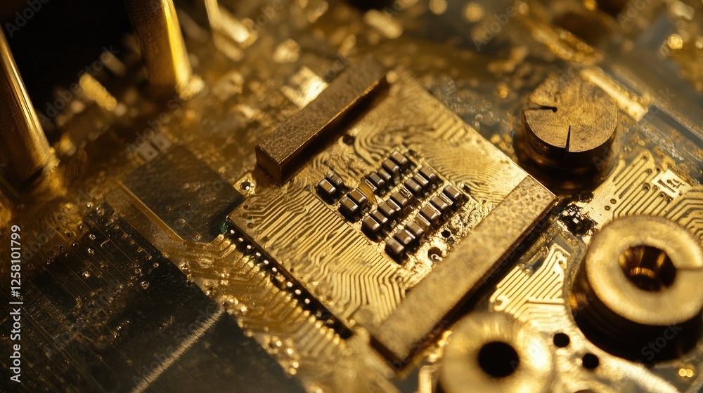 Poster Close-up of a gold microchip on a circuit board, highlighting intricate electronic connections and components, showcasing advanced technology and design.