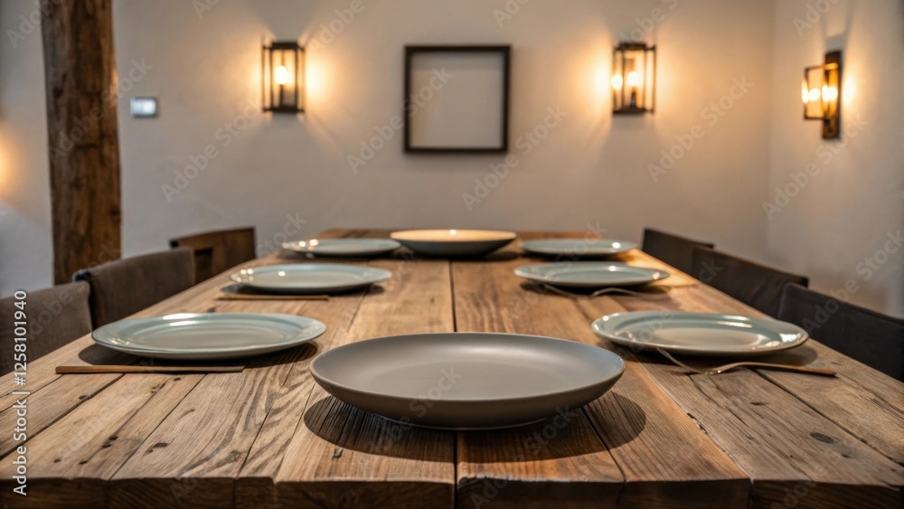 Aufkleber medium closeup of a rustic wooden dining table adorned with modern plates and lery framed by soft am