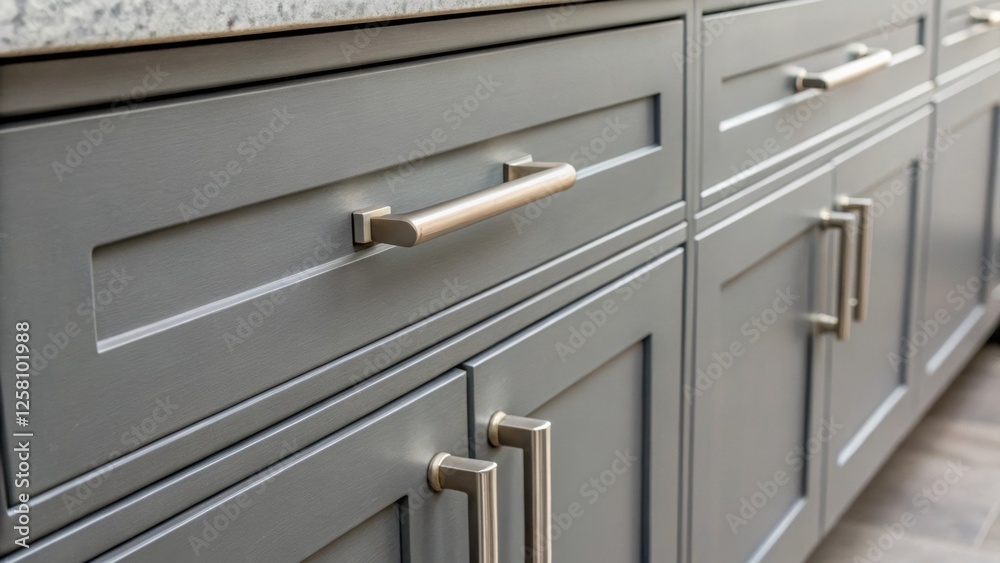 Poster medium closeup of a set of modern cabinet handles being strategically arranged on a sleek gray cabin