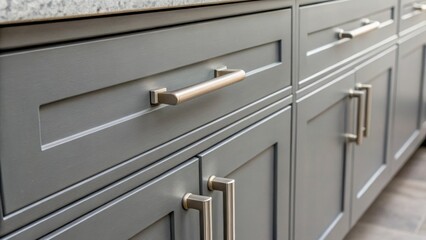 Medium closeup of a set of modern cabinet handles being strategically arranged on a sleek gray cabinet front showcasing their minimalist design.