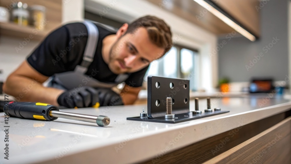 Poster medium closeup of a team member tightening screws on a mounting bracket with a luminous countertop b