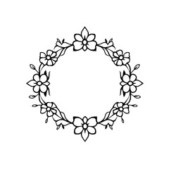 Elegant floral wreath, a minimalist black and white vector line art, depicting delicate flowers on a white background.
